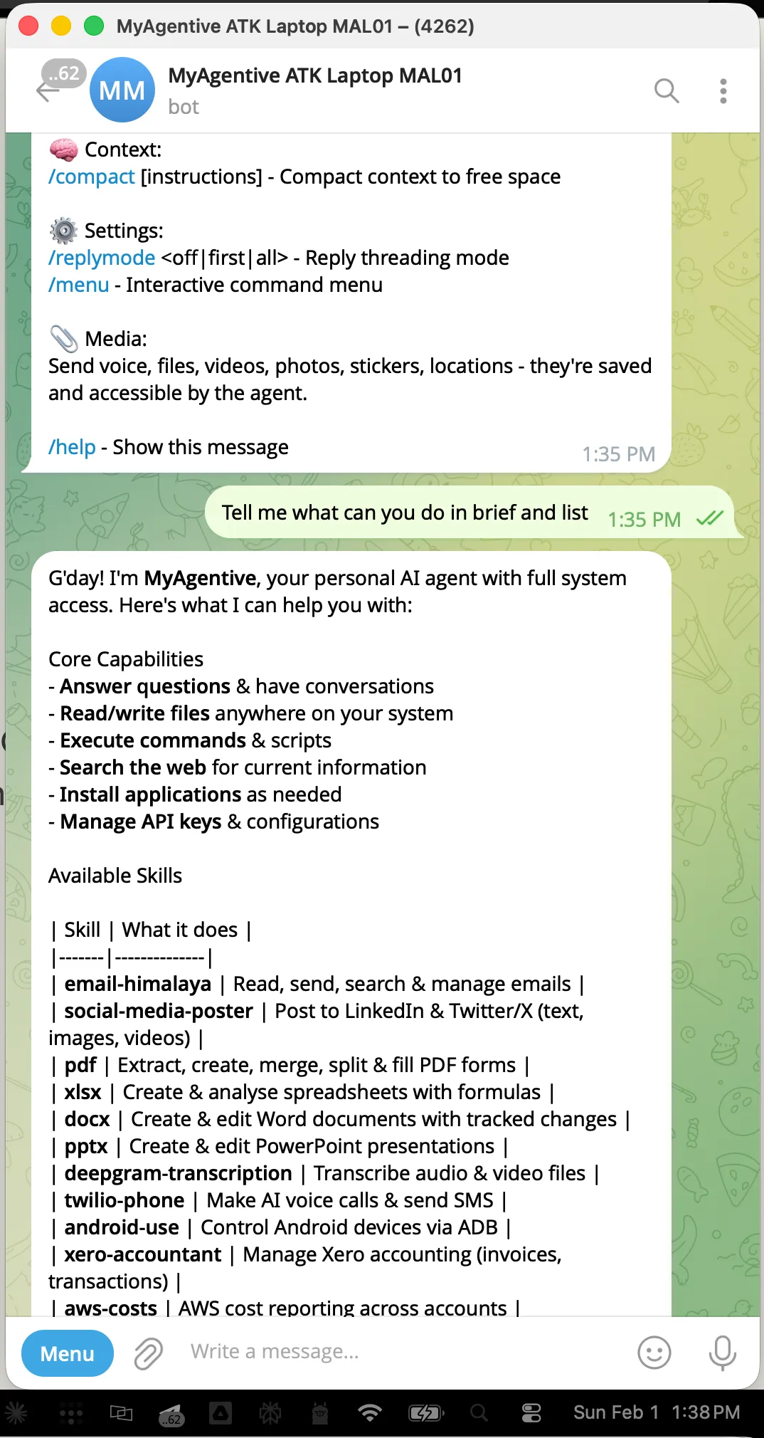 Agentive AI Employee Telegram bot interface showing AI-powered chat and task automation